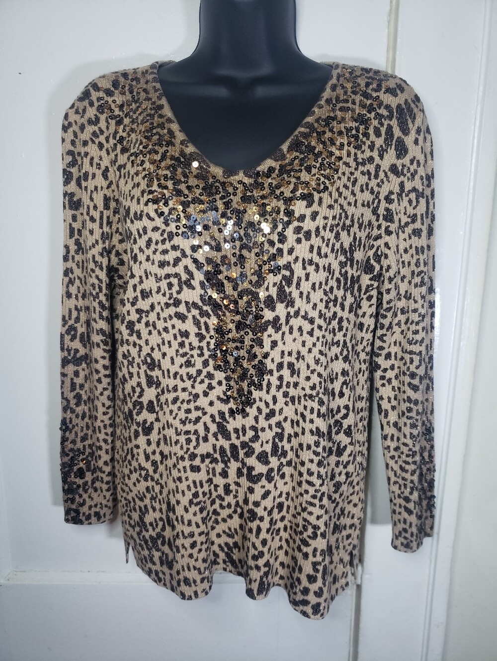 Chicos Sequin Leopard Print Top 2P Womens Petite Large Cotton Metallic Blouse